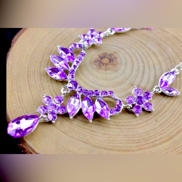 Purple & Silver Rhinestone Teardrop Necklace Earring Set - Picture 2 of 4